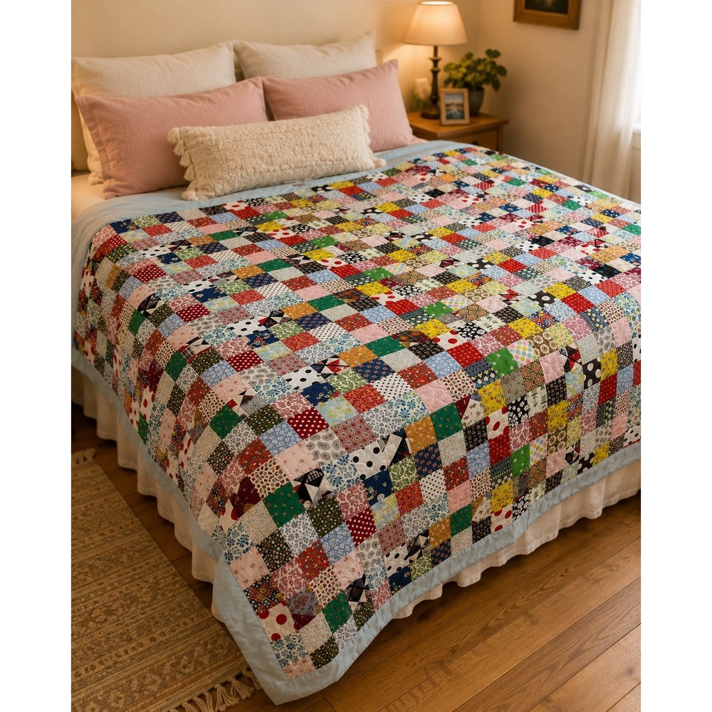 Vintage 1970s Postage Stamp Patchwork Quilt Queen 90x82 Handmade